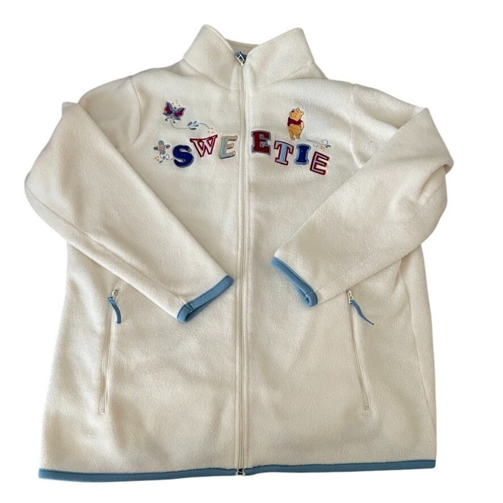 Disney Plus Size 1X Ivory Winnie The Pooh Full Zip Embroidered Fleece‎ Jacket